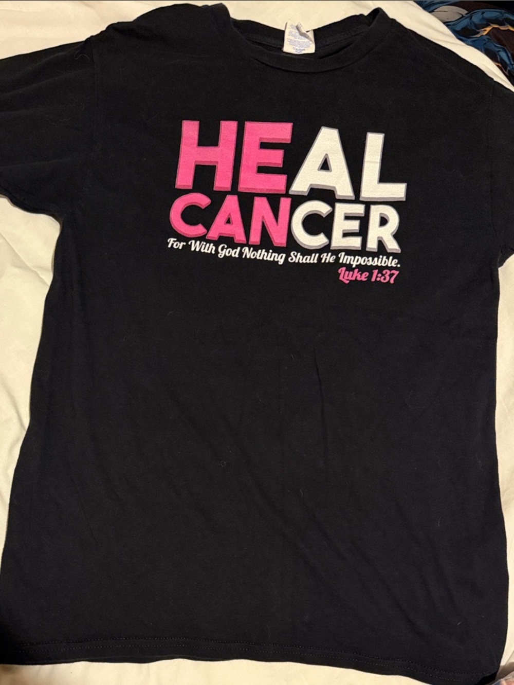 Port and Company Black Tee with Pink & White HEAL CANCER Graphic